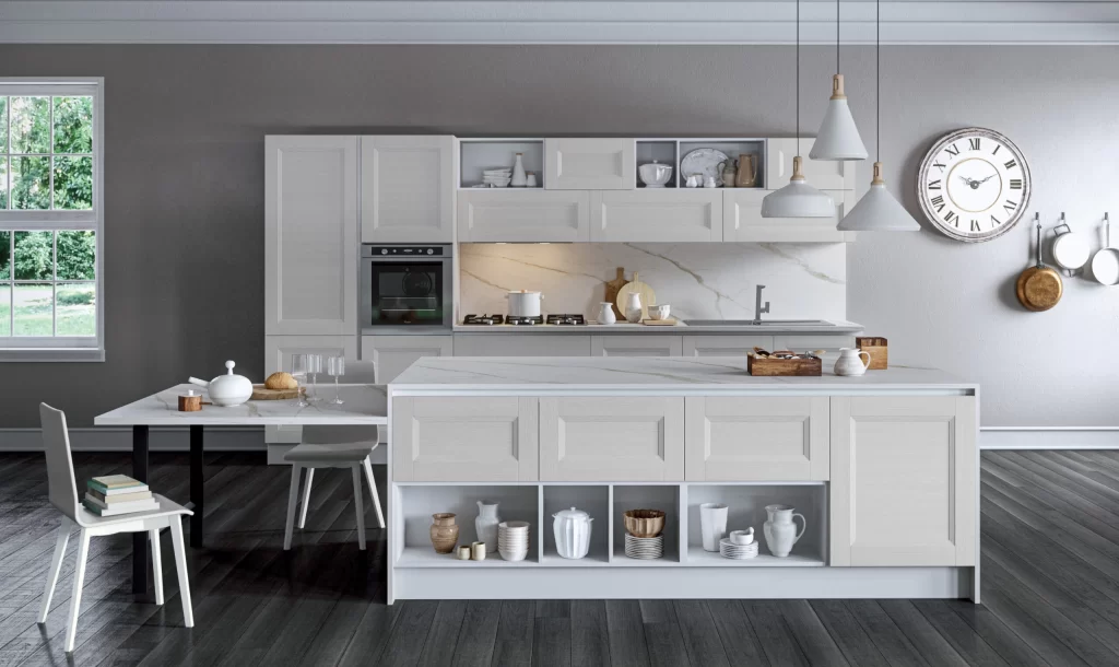 cucina contemporanea classica bianca con isola su misura