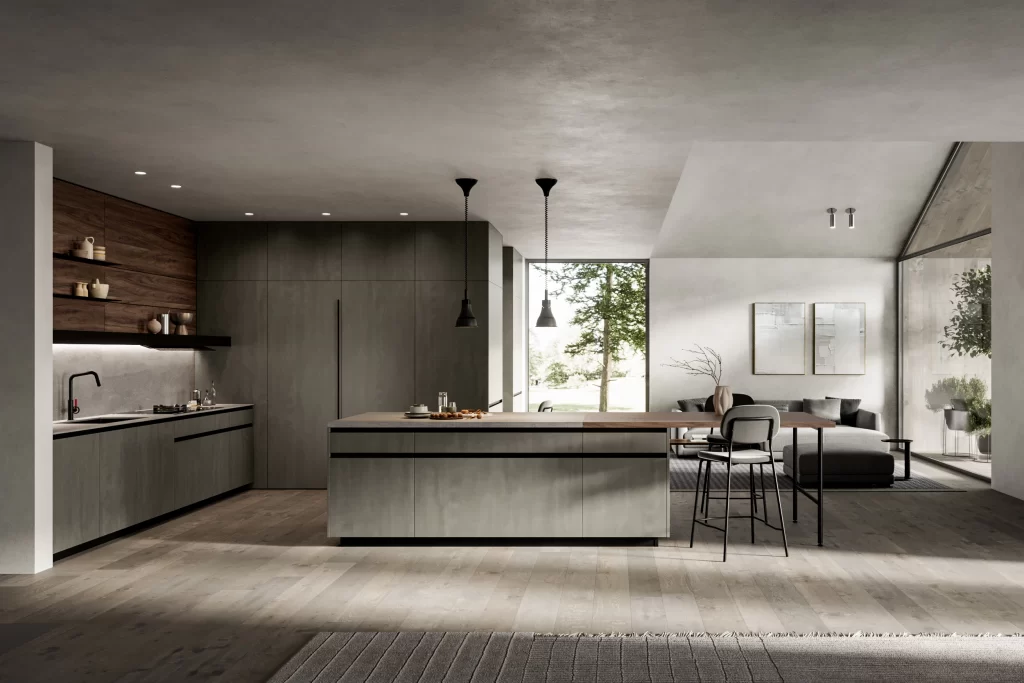 Cucina con isola in legno e finiture grigie