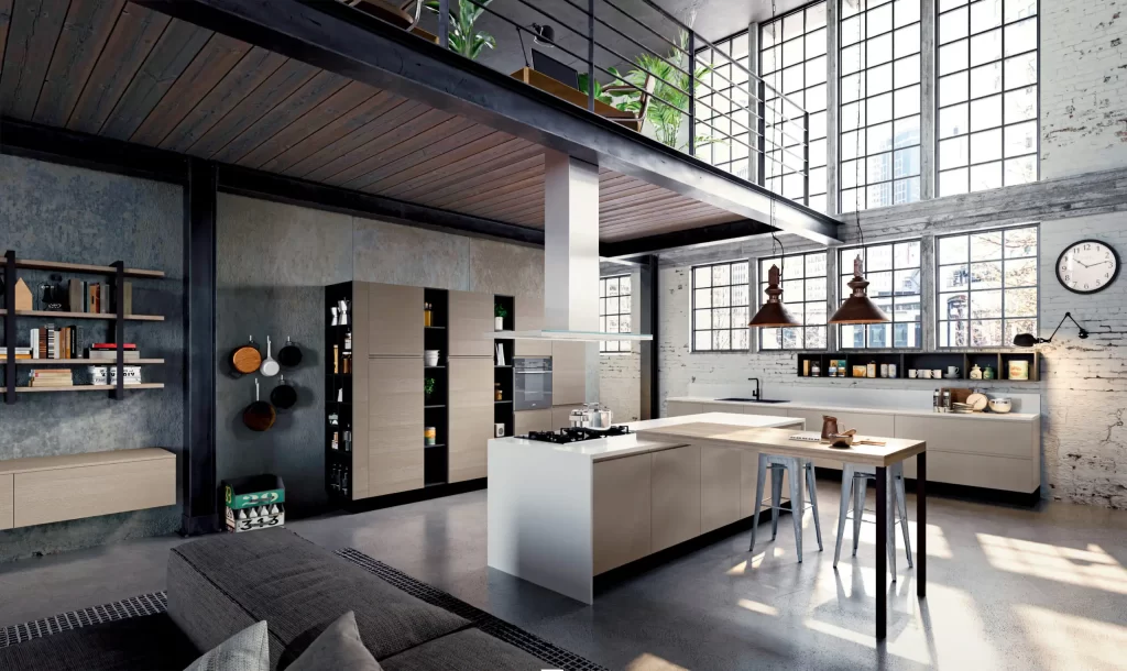 Cucina con isola con cappa in alluminio e snack