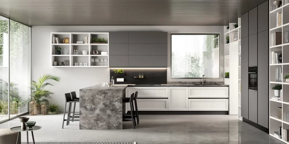 Cucina ad angolo in stile contemporaneo con mobilio bianco