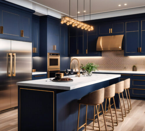 A mid-shot view of a modern luxury kitchen featuring navy blue cabinetry, gold hardware, and top-of-the-line appliances