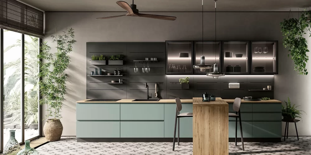 Cucina lineare con piano snack e para schizzi in finitura nero