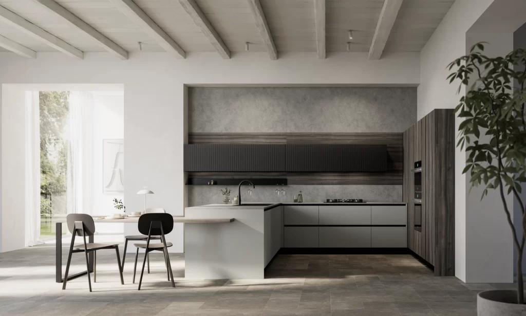 Cucina con penisola con piano snack finiture nere bianche e legno