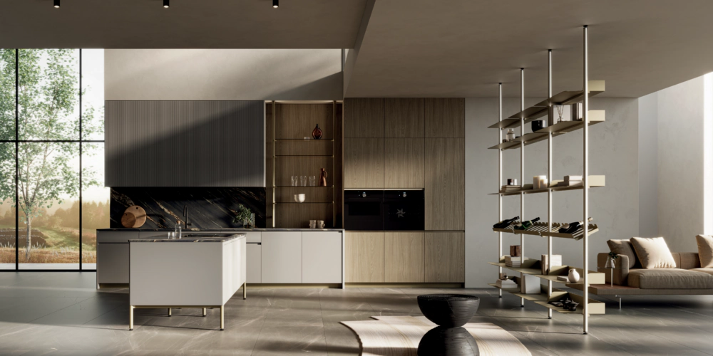 cucina a penisola con libreria moderna