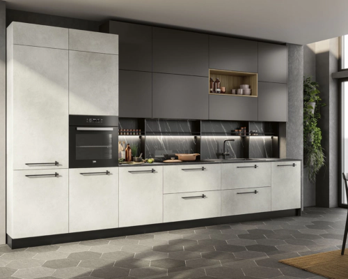 cucina lineare bianca e nera con finiture in marmo