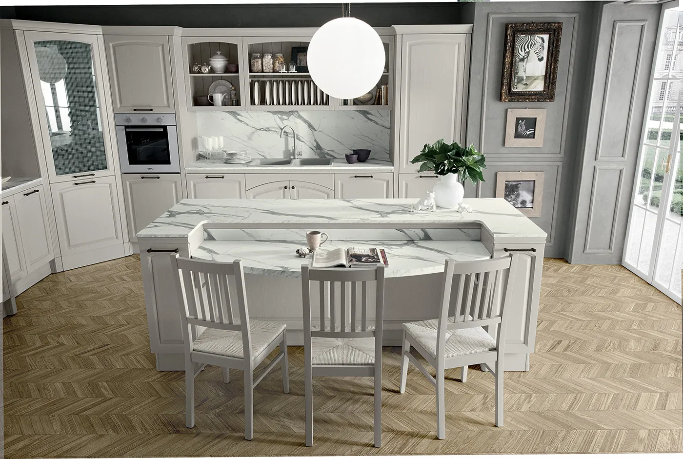 Cucina classica bianca e grigia ad angolo